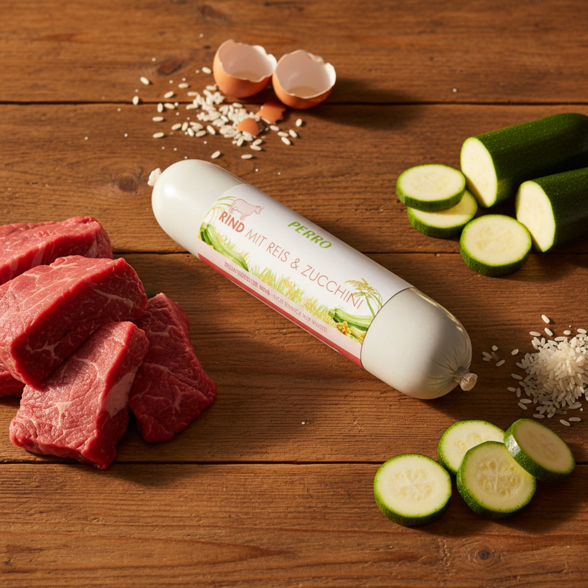 Perro Delikatessrolle Menü Rind mit Reis &amp; Zucchini – Premium Hundewurst für sensible &amp; wählerische Hunde | Monoprotein, Glutenfrei &amp; Hochverdaulich - Woofshack