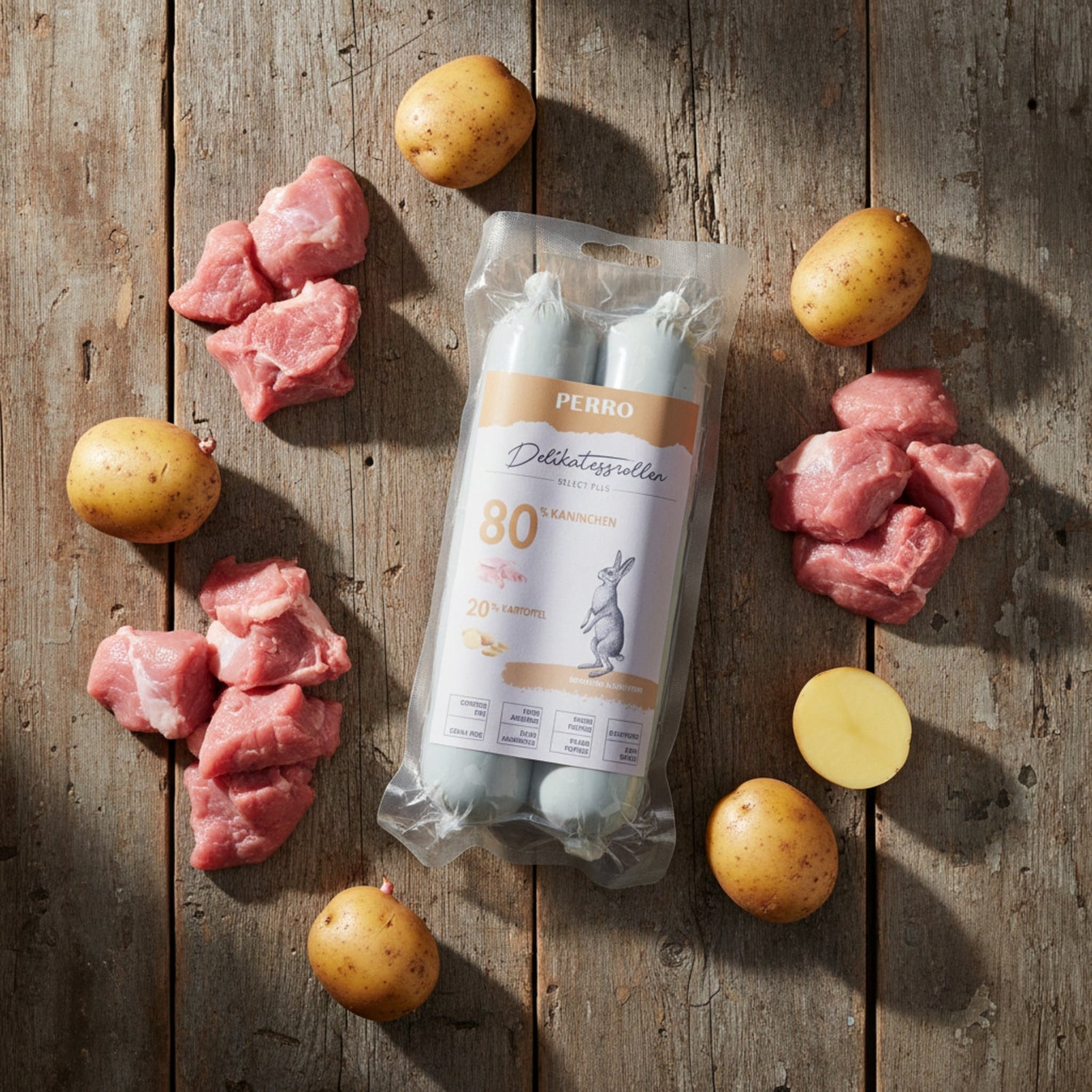 Perro Delikatessrolle No.1 Kaninchen &amp; Kartoffel – Premium Hundewurst mit 80% Frischfleisch, getreidefrei &amp; hypoallergen für sensible Hunde - Woofshack
