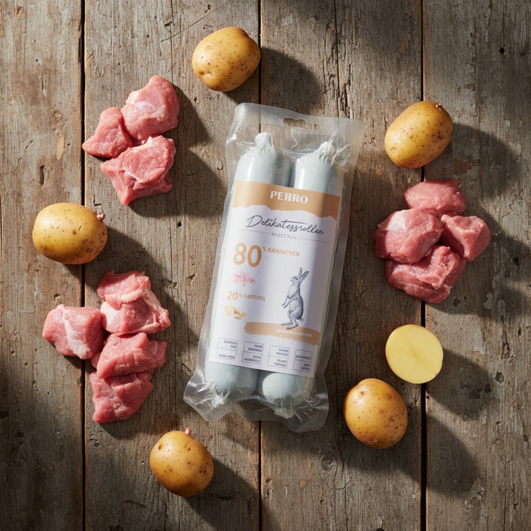 Perro Delikatessrolle No.1 Kaninchen &amp; Kartoffel – Premium Hundewurst mit 80% Frischfleisch, getreidefrei &amp; hypoallergen für sensible Hunde - Woofshack