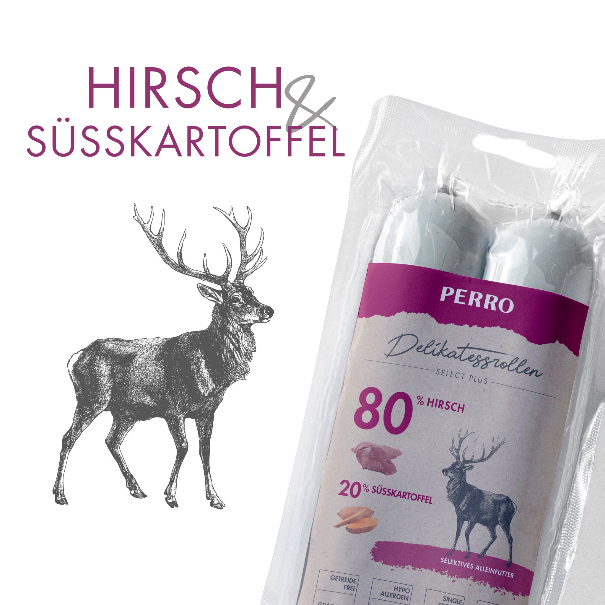 Perro Delikatessrolle No.3 Hirsch &amp; Süßkartoffel - Hundewurst - Woofshack