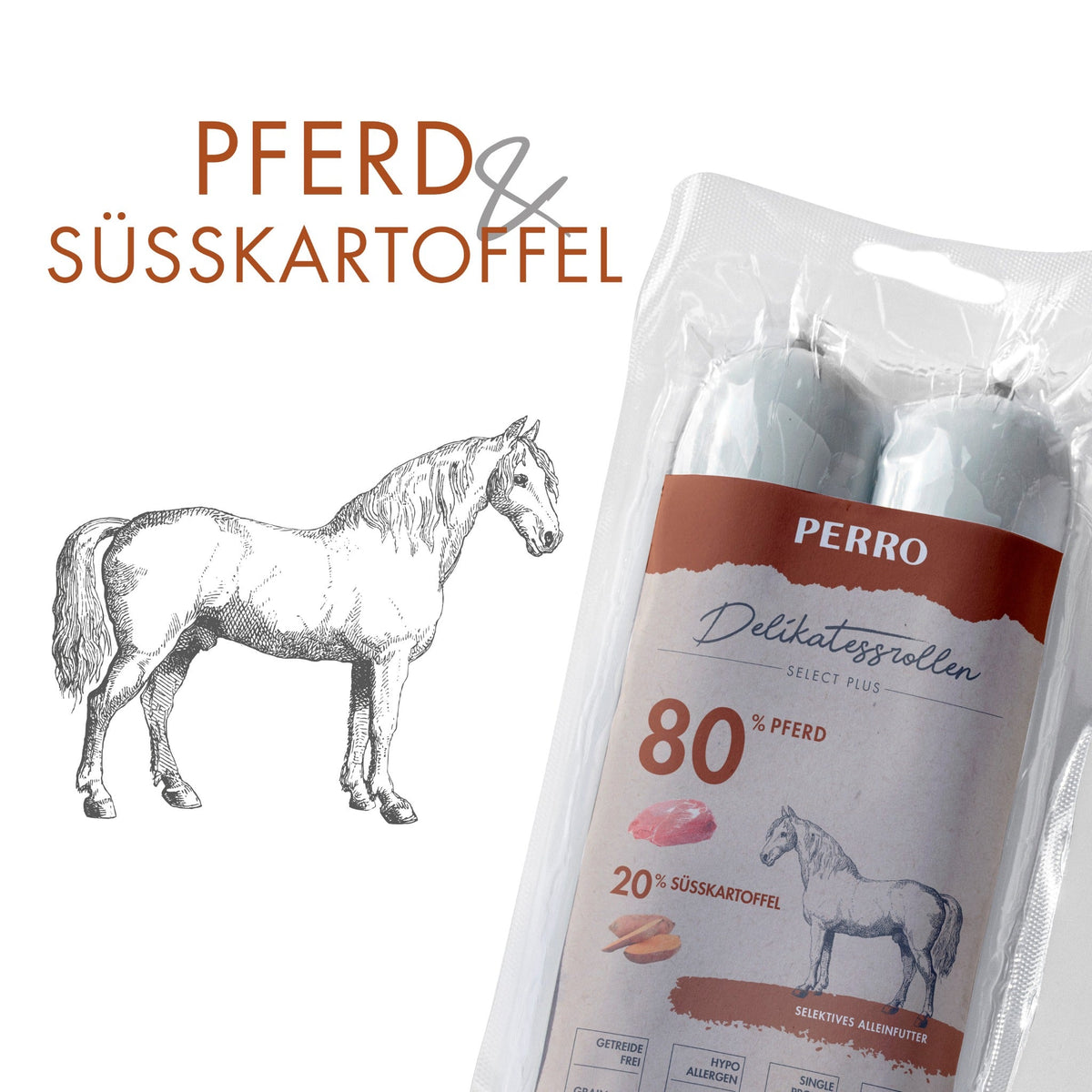 Perro Delikatessrolle No.3 Pferd &amp; Süßkartoffel - Hundewurst - Woofshack