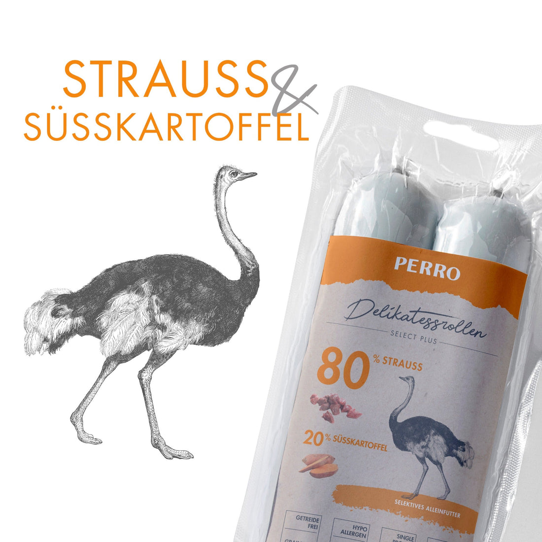 Perro Delikatessrolle No.3 Strauß &amp; Süßkartoffel - Hundewurst - Woofshack