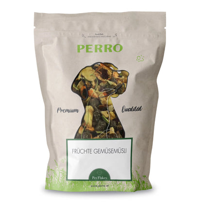 Perro Früchte-Gemüsemüsli – Getreidefreie Flocken, naturbelassen &amp; reich an Vitaminen | Ergänzungsfutter für Hunde mit Karotten, Erbsen, Rote Beete &amp; fruchtiger Mischung aus Ananas, Banane &amp; Cranberries