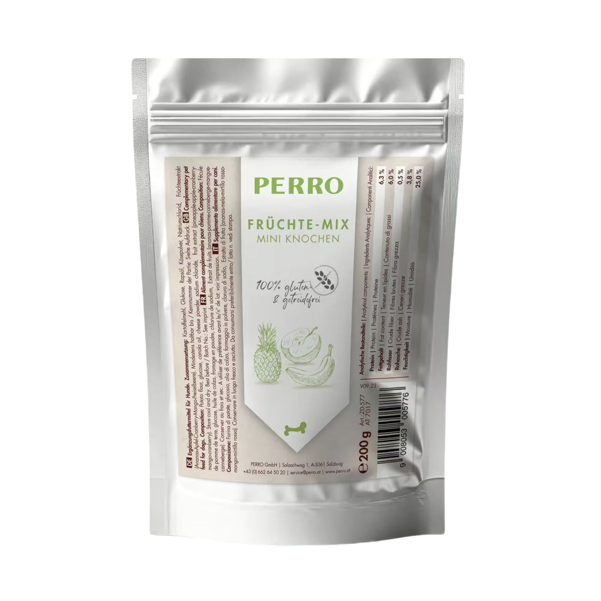 Perro Früchte Mix Mini Knochen – Weiche Trainingssnacks mit Käse &amp; Fruchtextrakten, getreidefrei &amp; vegetarisch für kleine Hunde